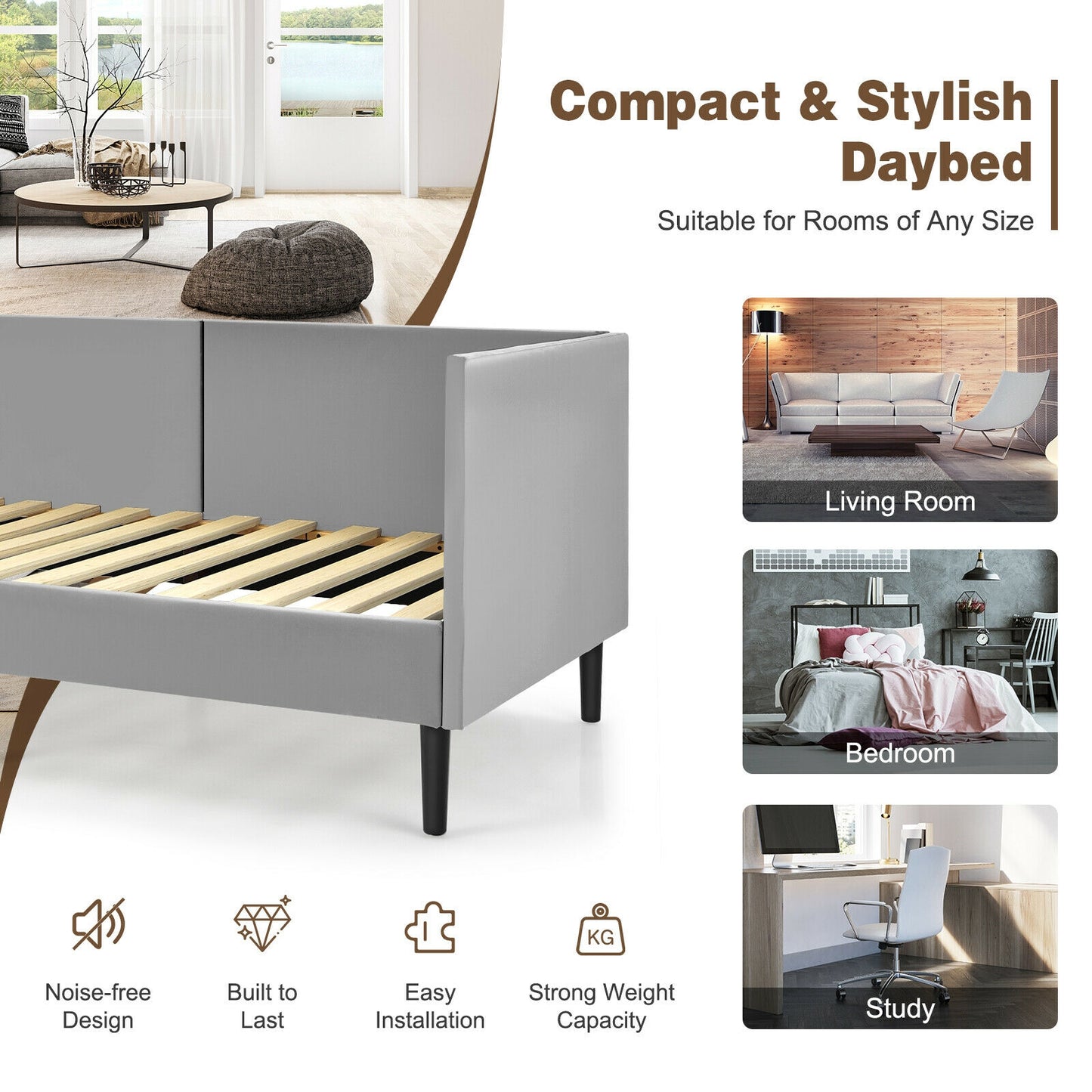 Twin Upholstered Daybed with Sturdy Wood Frame and Velvet Fabric for Living Room or Guest Room Grey