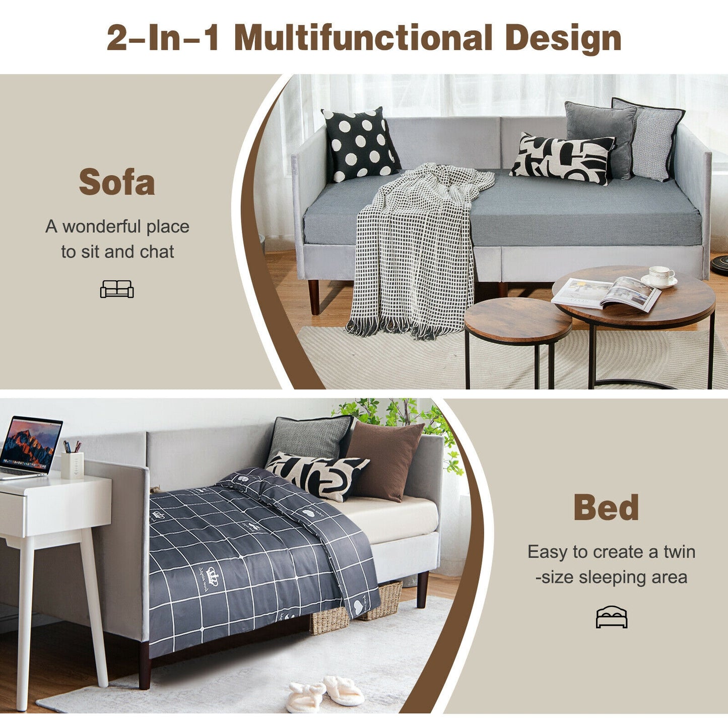 Twin Upholstered Daybed with Sturdy Wood Frame and Velvet Fabric for Living Room or Guest Room Grey