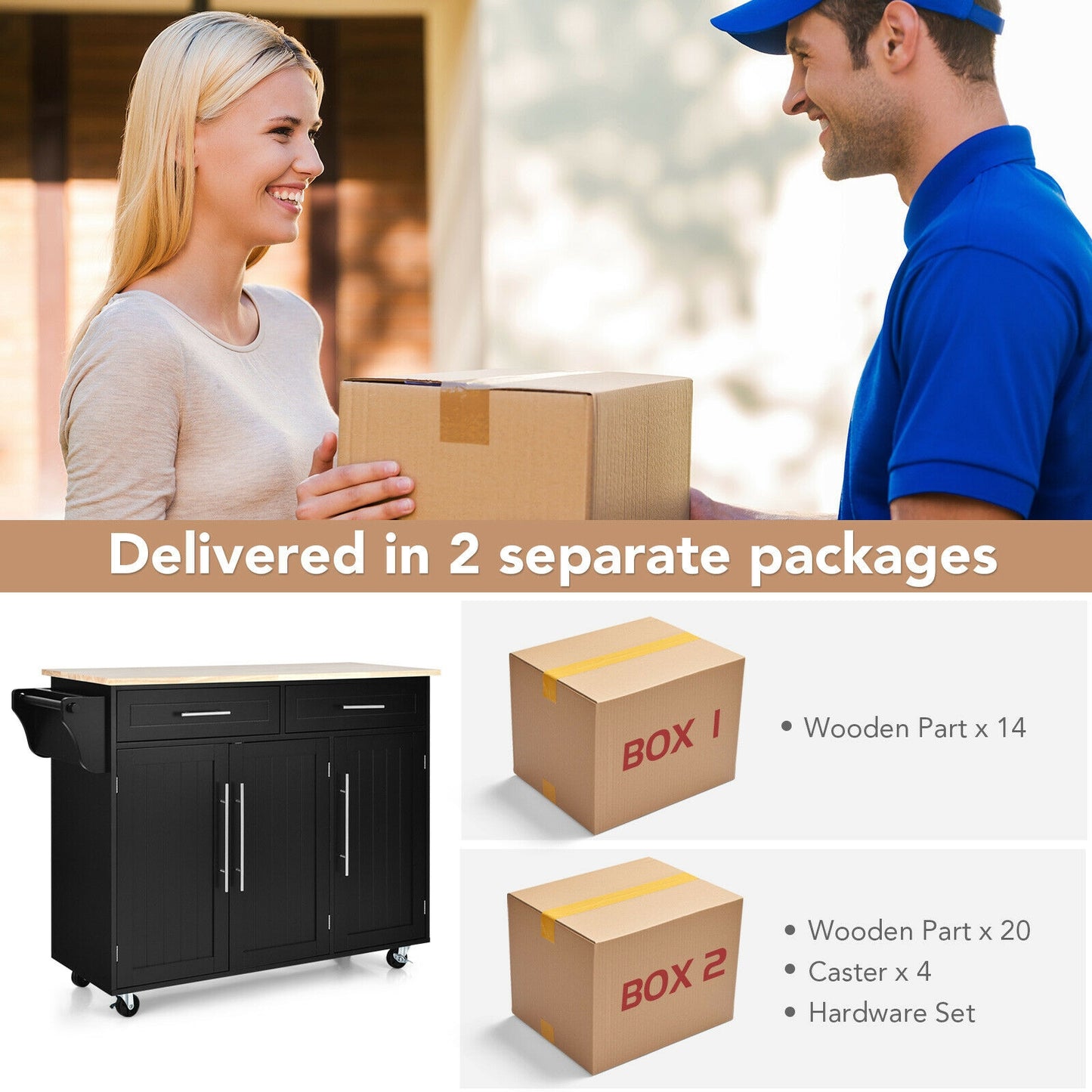 Rolling Kitchen Island Cart with Wood Top Storage Cabinets Drawers and Knife Block - Black