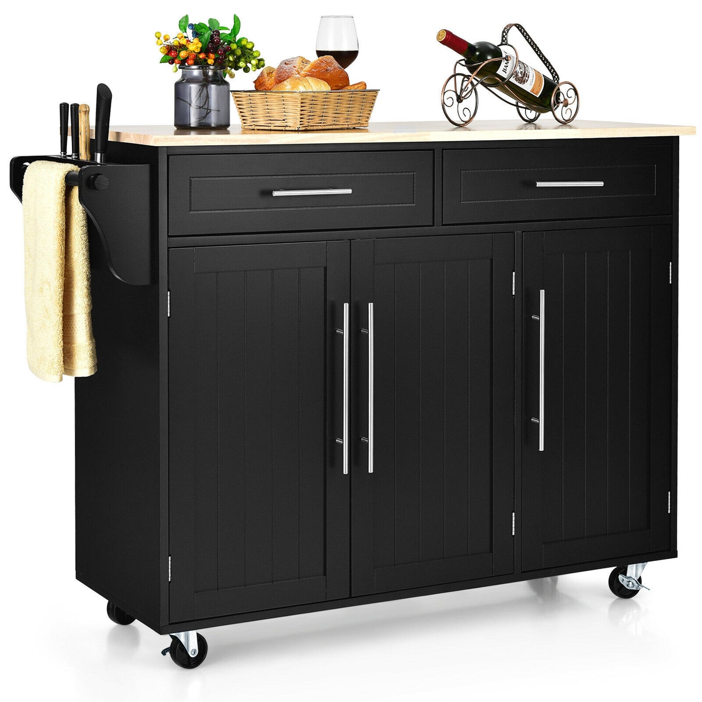 Rolling Kitchen Island Cart with Wood Top Storage Cabinets Drawers and Knife Block - Black
