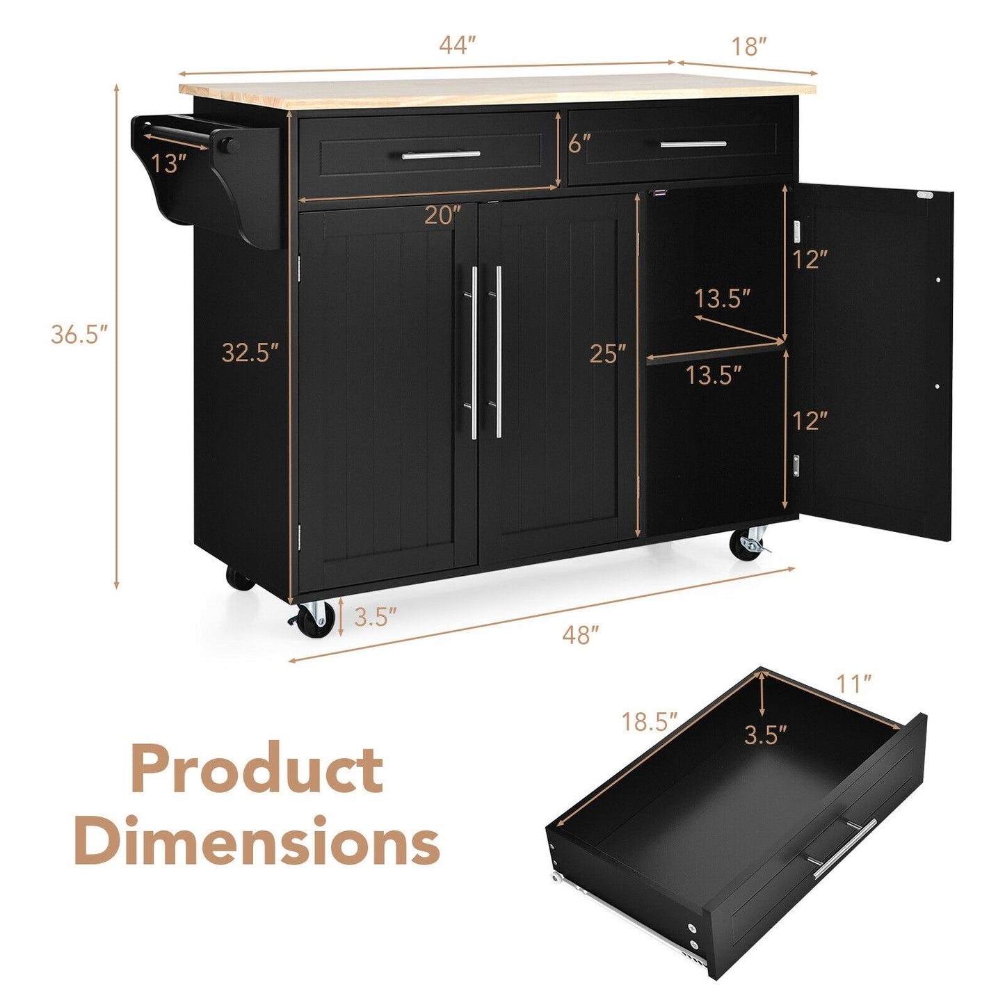 Rolling Kitchen Island Cart with Wood Top Storage Cabinets Drawers and Knife Block - Black