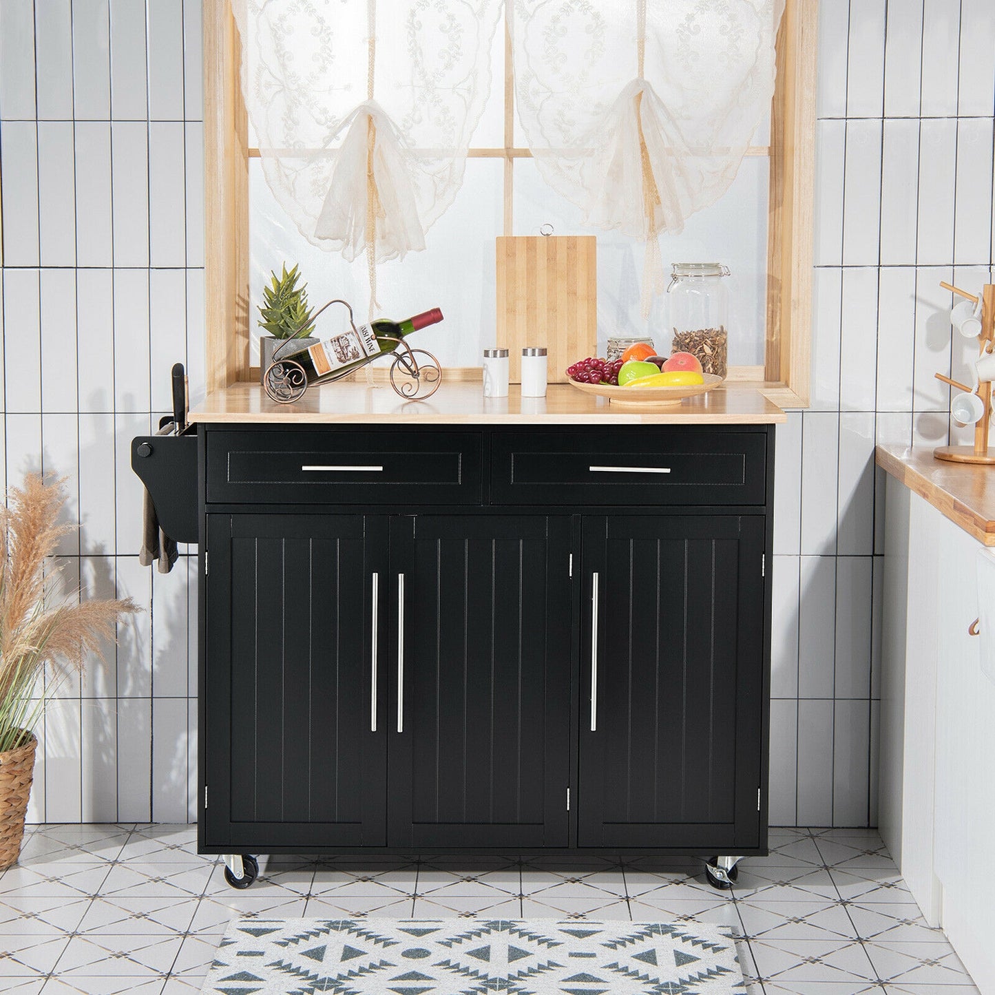 Rolling Kitchen Island Cart with Wood Top Storage Cabinets Drawers and Knife Block - Black