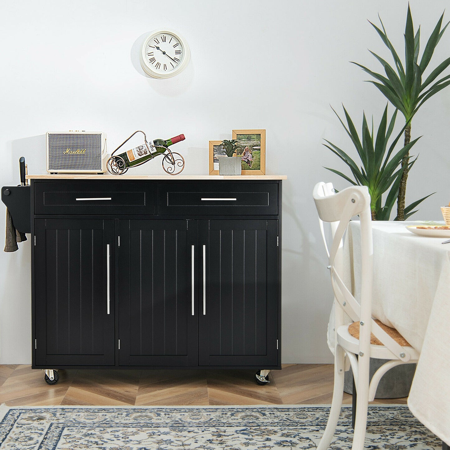 Rolling Kitchen Island Cart with Wood Top Storage Cabinets Drawers and Knife Block - Black