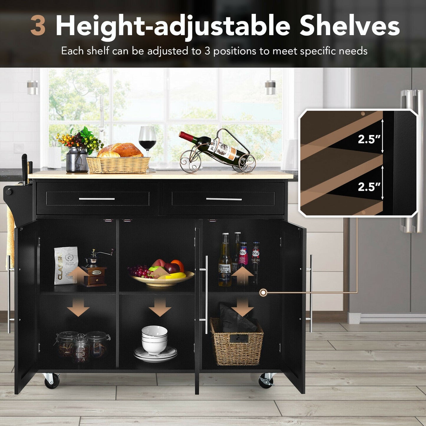Rolling Kitchen Island Cart with Wood Top Storage Cabinets Drawers and Knife Block - Black