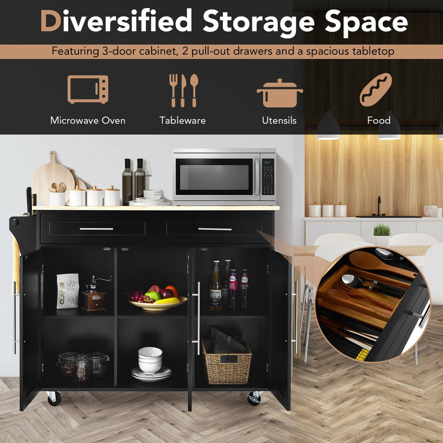 Rolling Kitchen Island Cart with Wood Top Storage Cabinets Drawers and Knife Block - Black