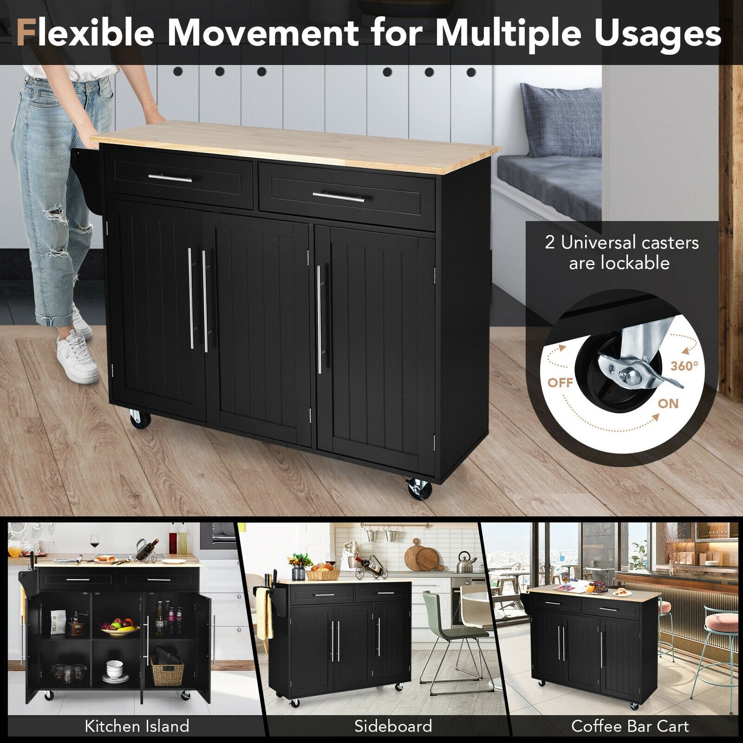 Rolling Kitchen Island Cart with Wood Top Storage Cabinets Drawers and Knife Block - Black