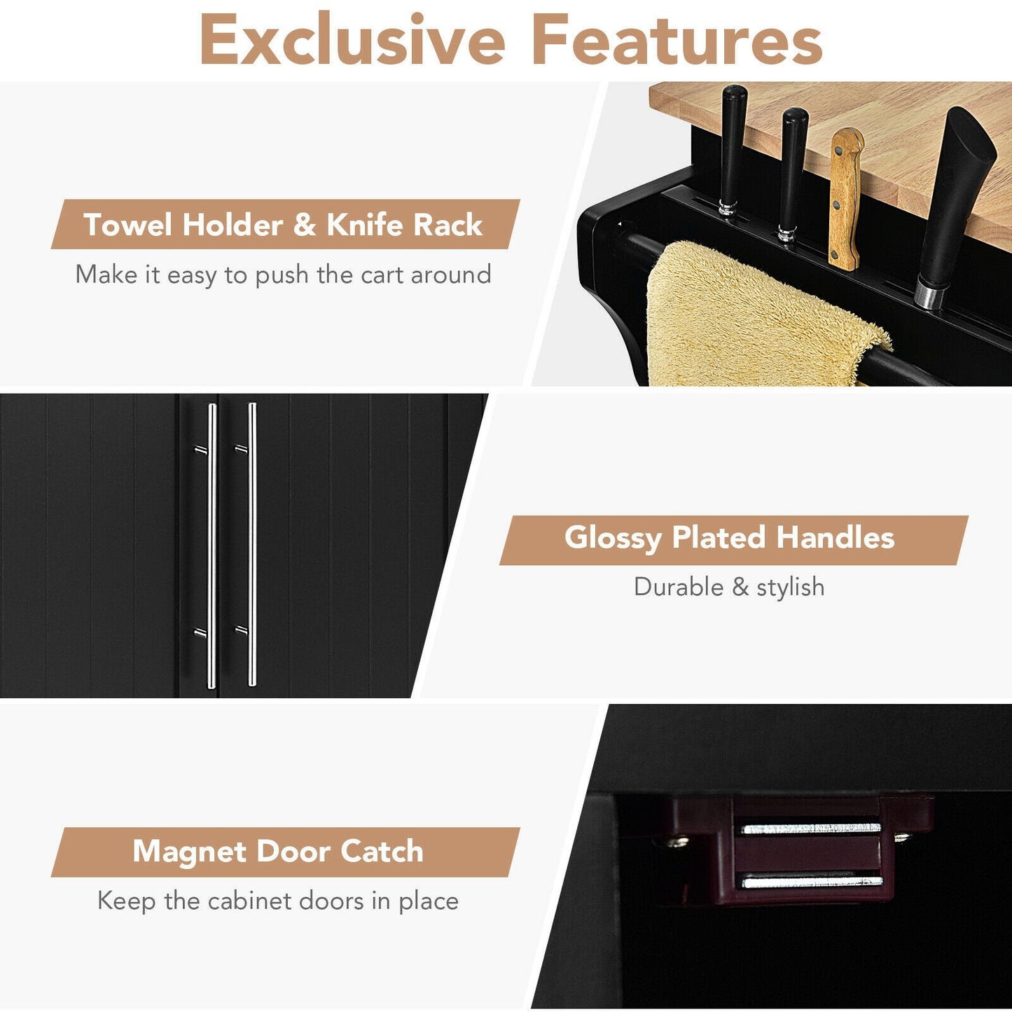 Rolling Kitchen Island Cart with Wood Top Storage Cabinets Drawers and Knife Block - Black