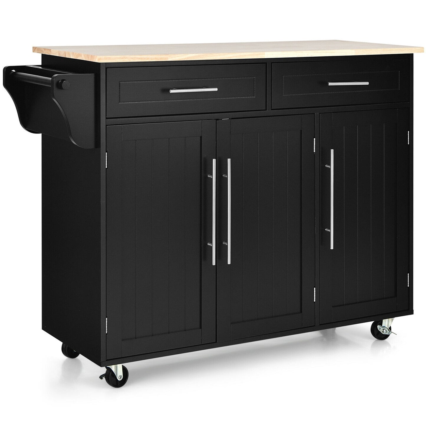 Rolling Kitchen Island Cart with Wood Top Storage Cabinets Drawers and Knife Block - Black