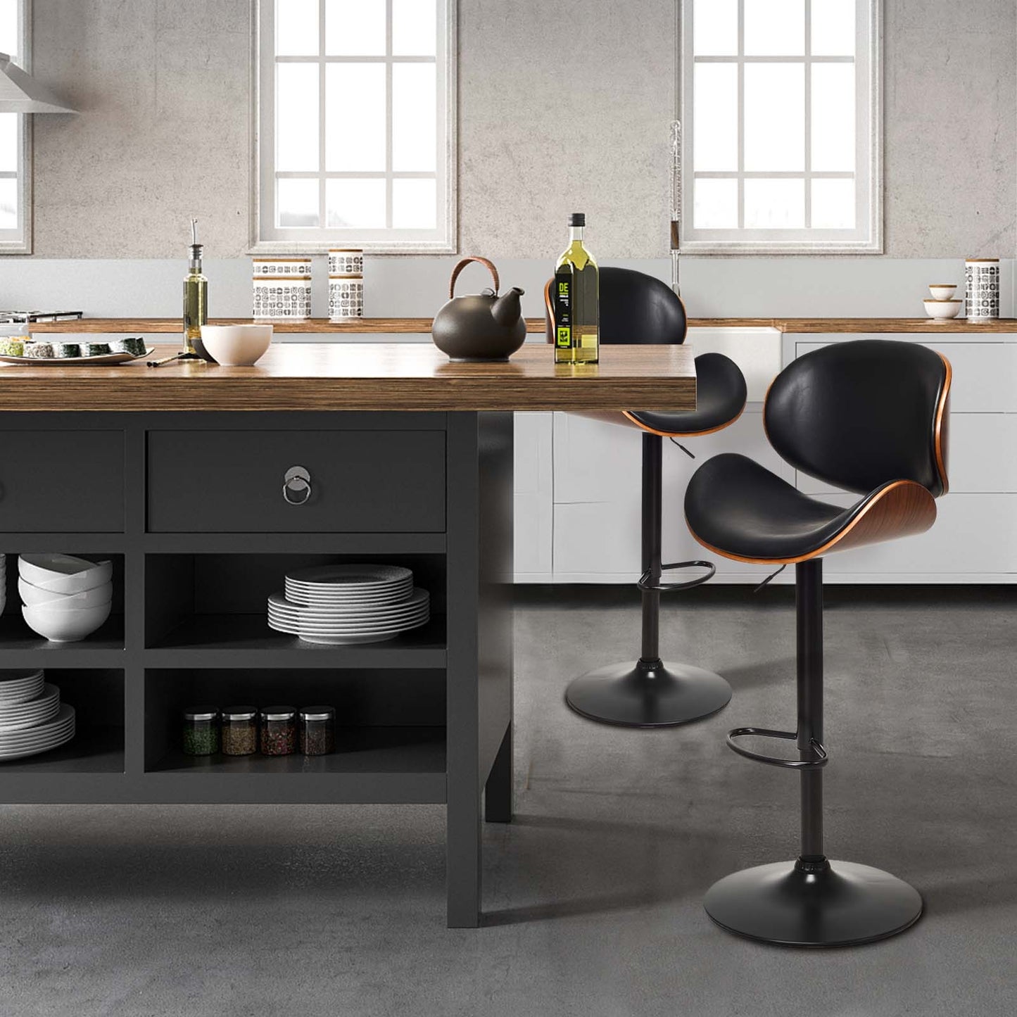 Set of 2 Counter Height Swivel Bar Stools with Adjustable Seat and PU Leather Finish