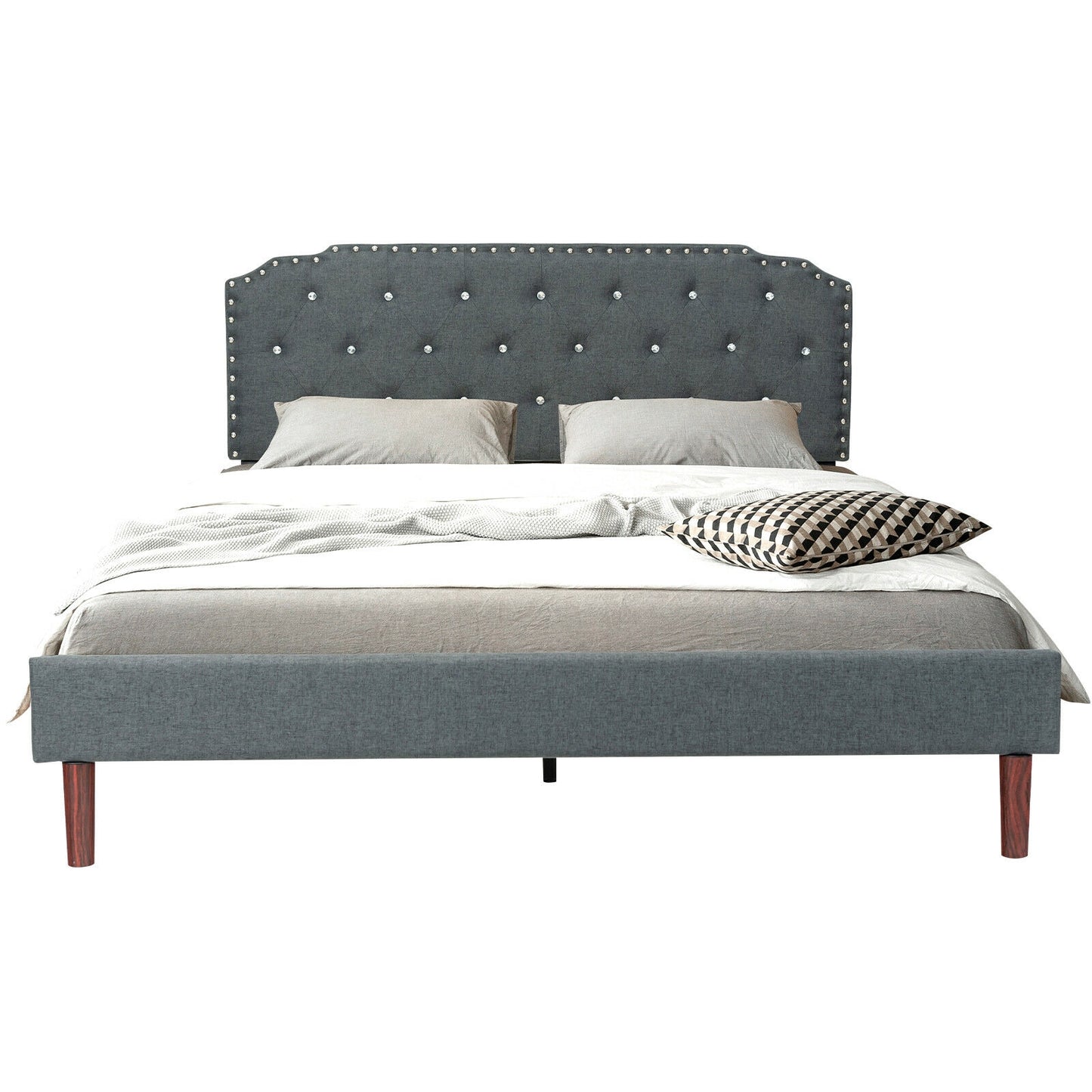 Luxury Upholstered Bed Frame with Adjustable Crystal-Tufted Diamond Headboard – Queen Size