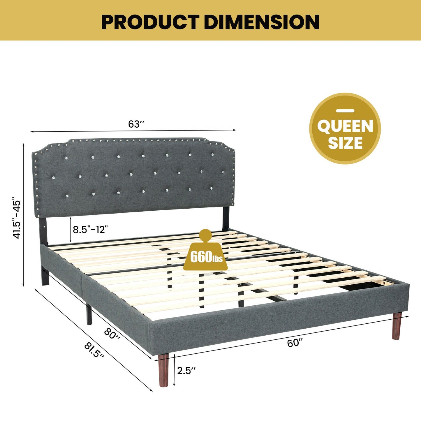 Luxury Upholstered Bed Frame with Adjustable Crystal-Tufted Diamond Headboard – Queen Size