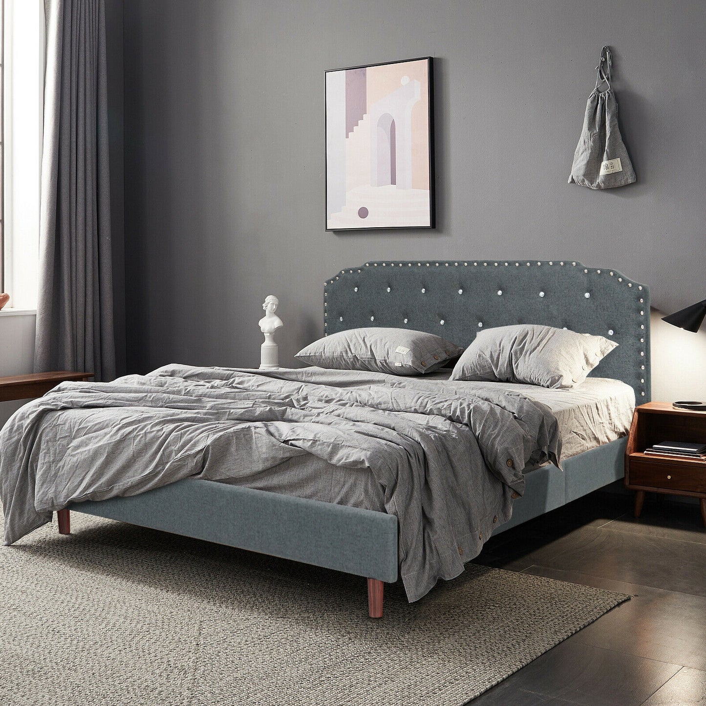 Luxury Upholstered Bed Frame with Adjustable Crystal-Tufted Diamond Headboard – Queen Size