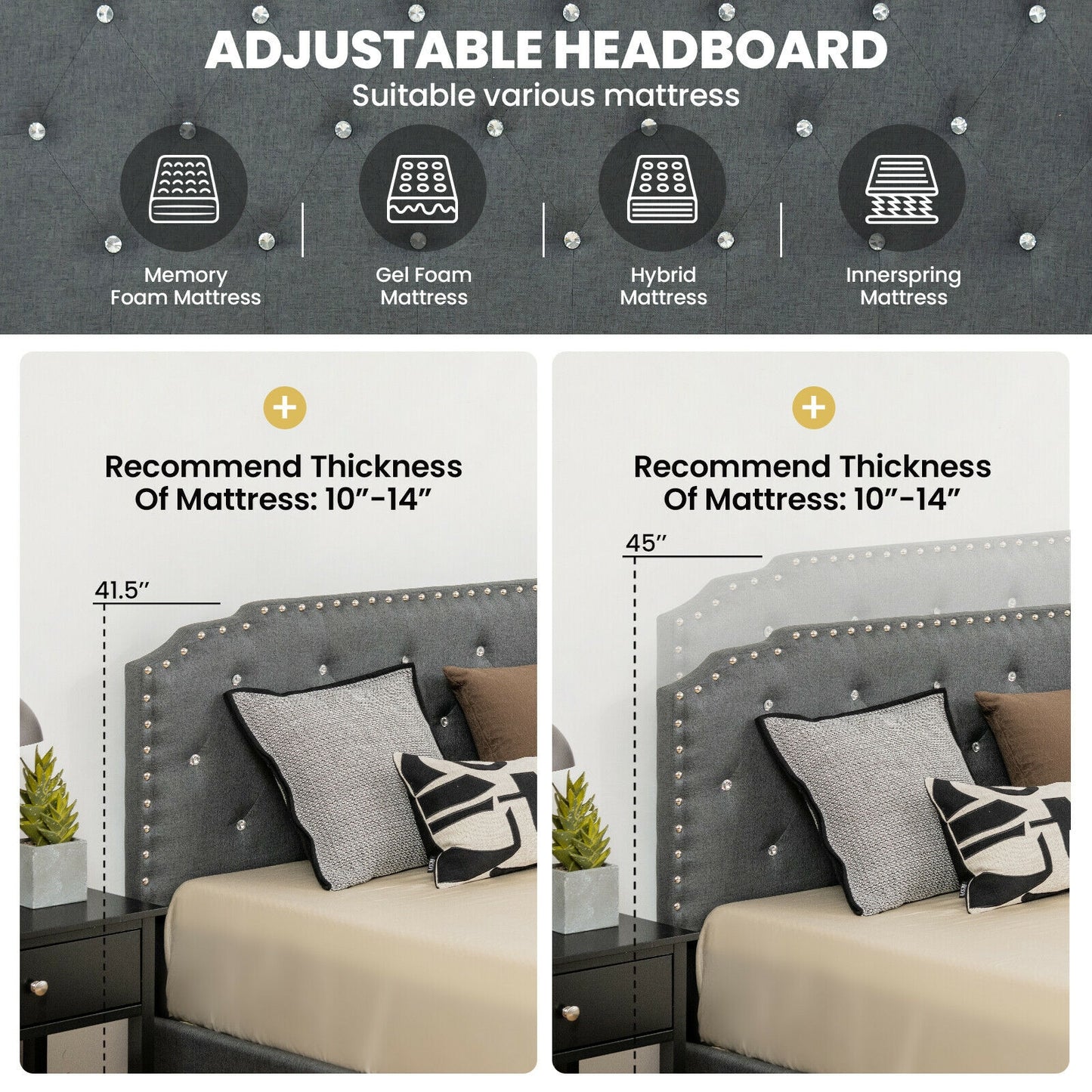 Luxury Upholstered Bed Frame with Adjustable Crystal-Tufted Diamond Headboard – Queen Size