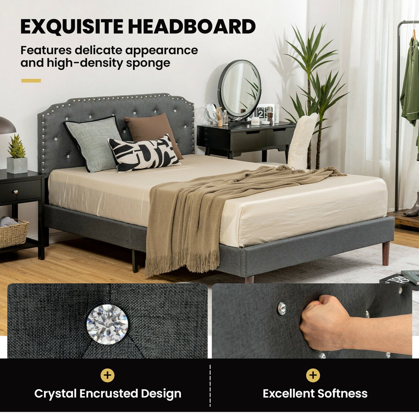 Luxury Upholstered Bed Frame with Adjustable Crystal-Tufted Diamond Headboard – Queen Size