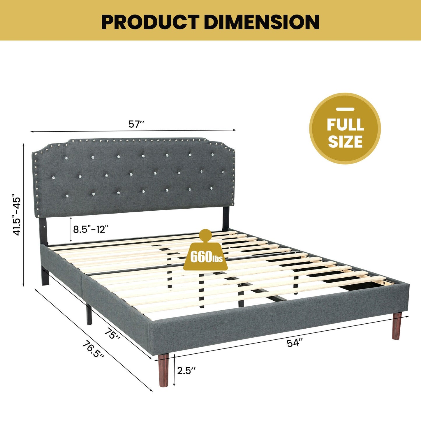 Luxury Upholstered Bed Frame with Adjustable Crystal-Tufted Diamond Headboard – Full Size