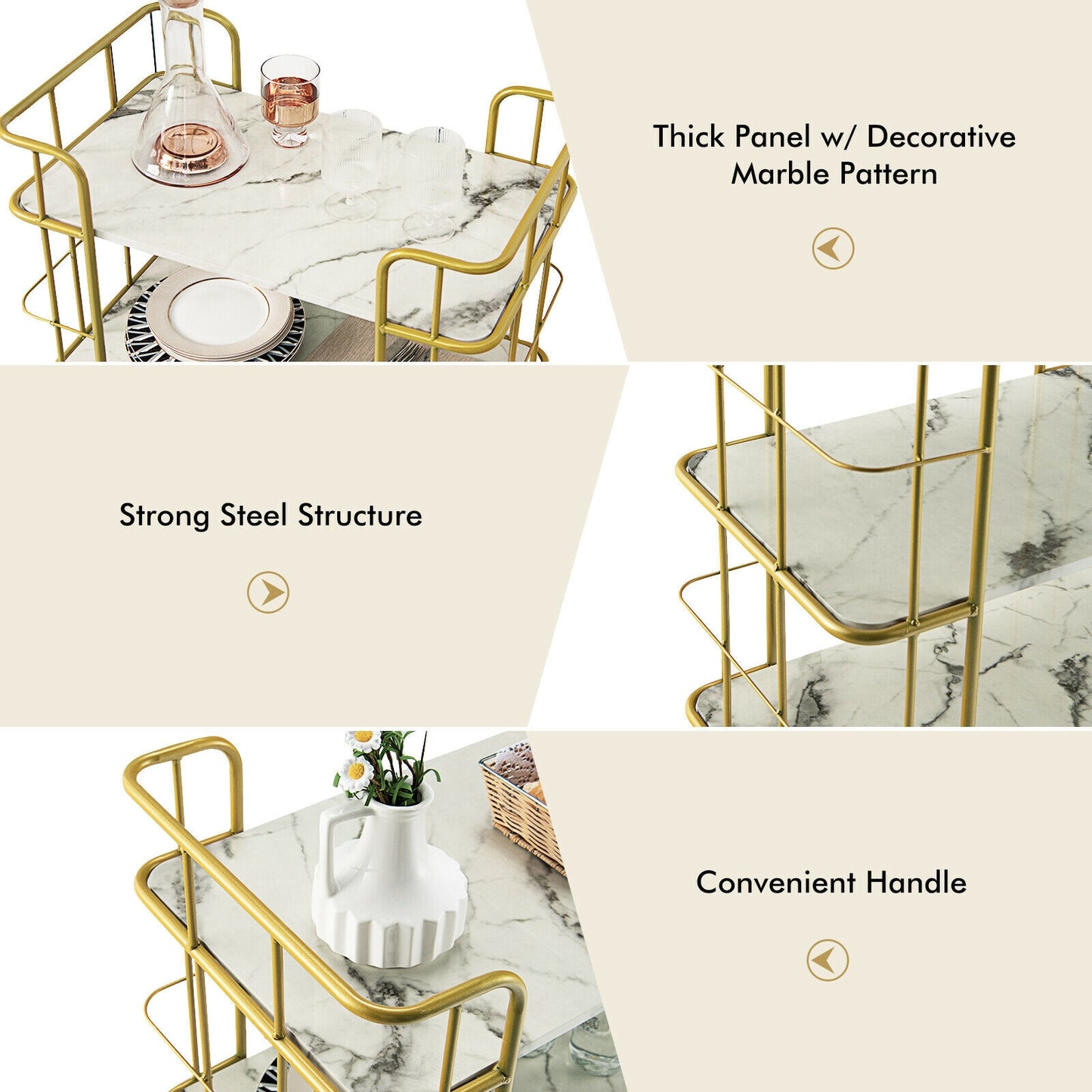Elegant 3-Tier Rolling Kitchen Cart with Faux Marble Top and Gold Frame Handles