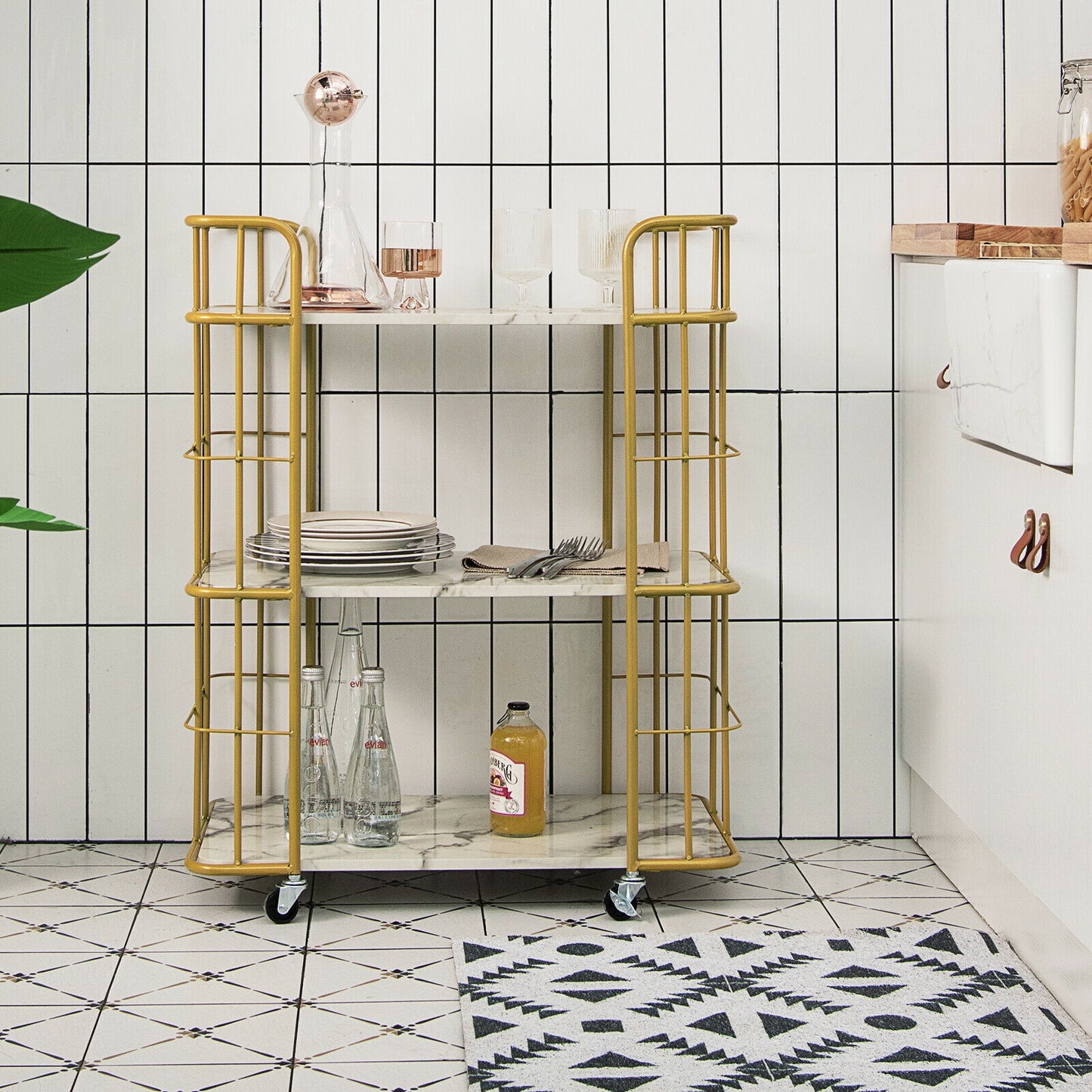 Elegant 3-Tier Rolling Kitchen Cart with Faux Marble Top and Gold Frame Handles