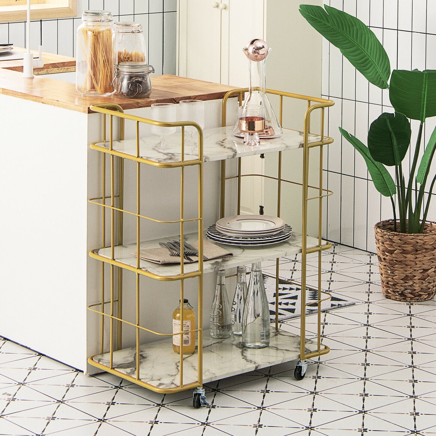 Elegant 3-Tier Rolling Kitchen Cart with Faux Marble Top and Gold Frame Handles