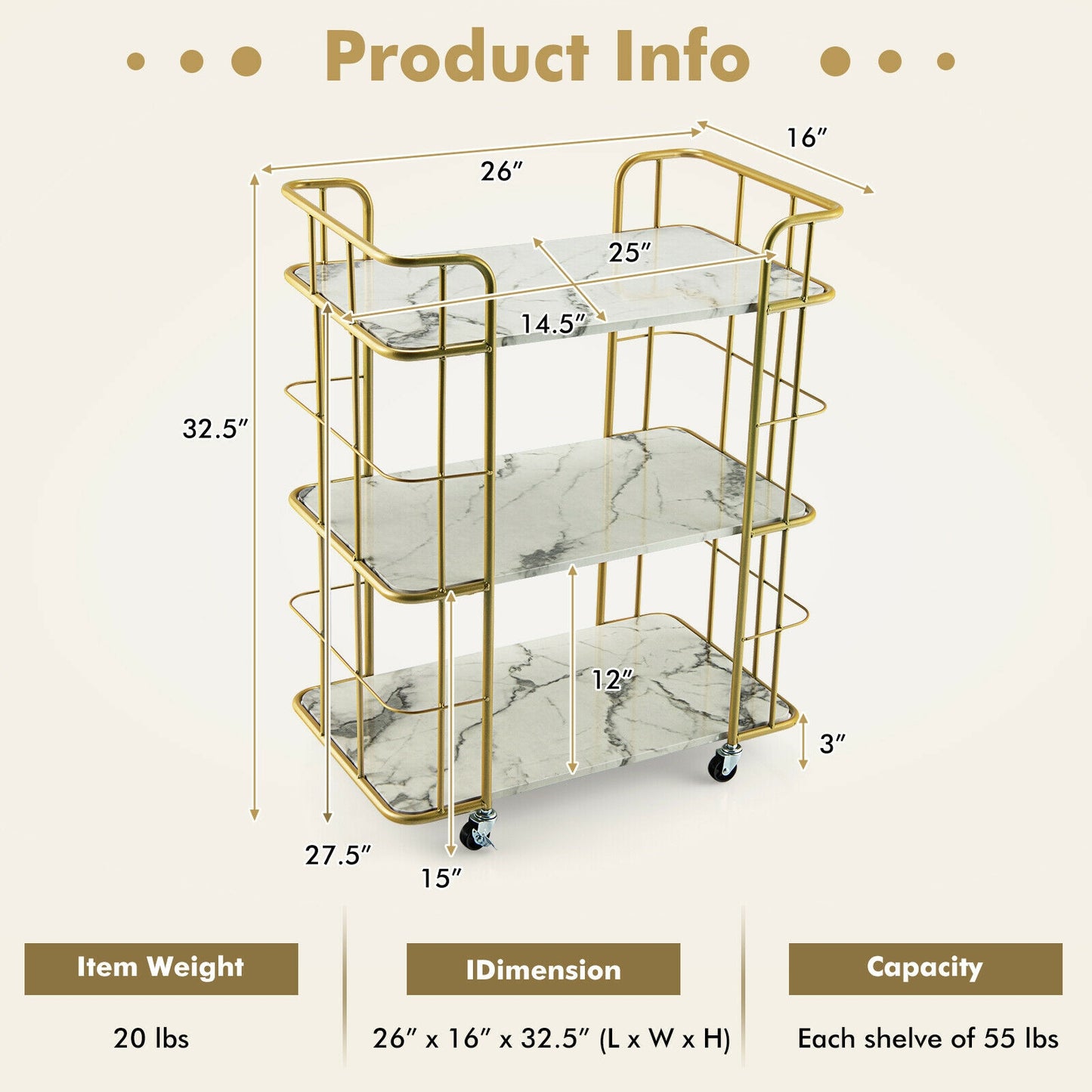 Elegant 3-Tier Rolling Kitchen Cart with Faux Marble Top and Gold Frame Handles