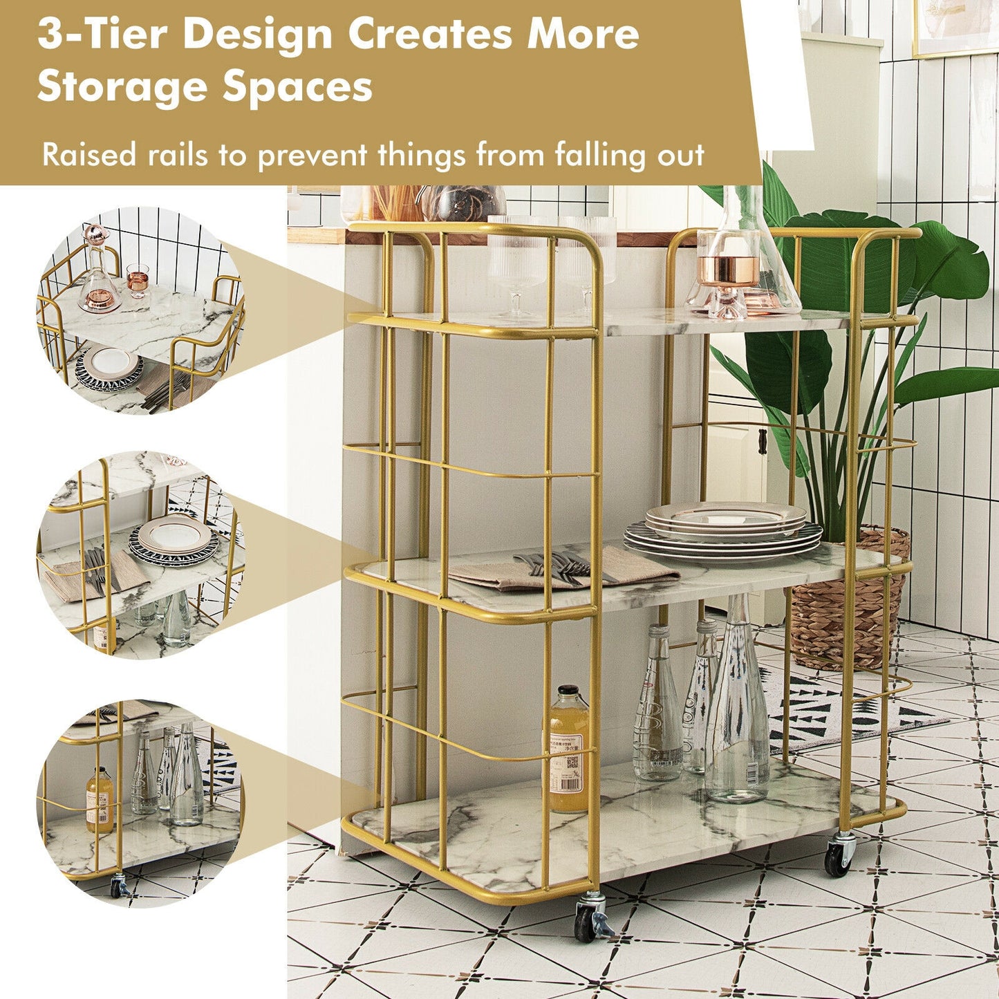 Elegant 3-Tier Rolling Kitchen Cart with Faux Marble Top and Gold Frame Handles