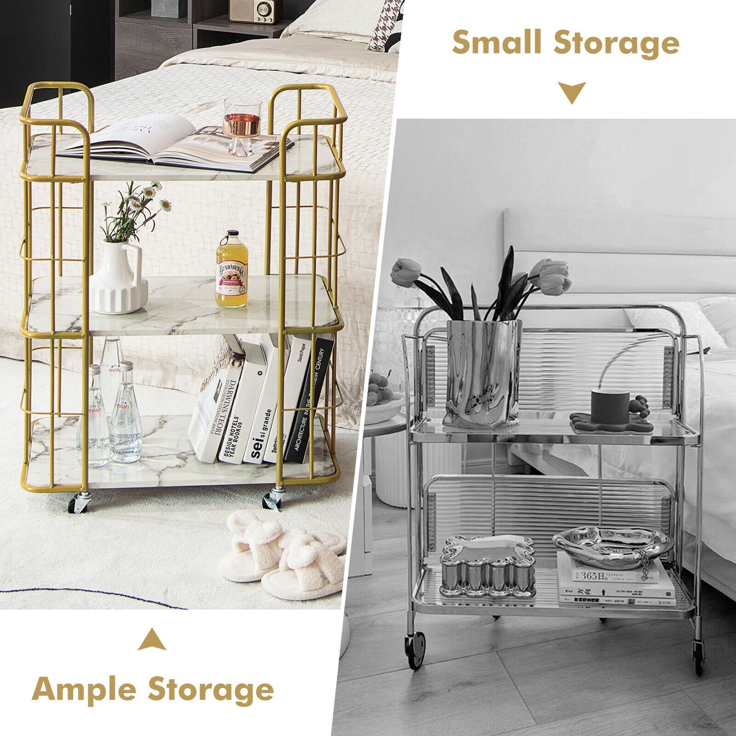 Elegant 3-Tier Rolling Kitchen Cart with Faux Marble Top and Gold Frame Handles