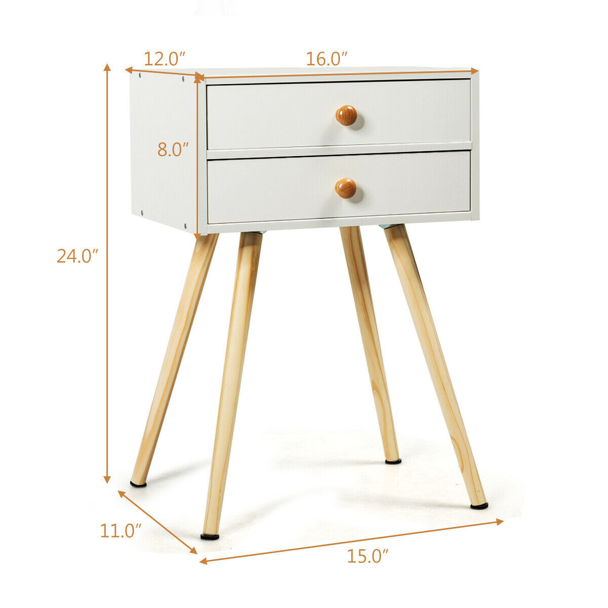 Compact Nightstand with Storage Drawers, Mid-Century Style – White