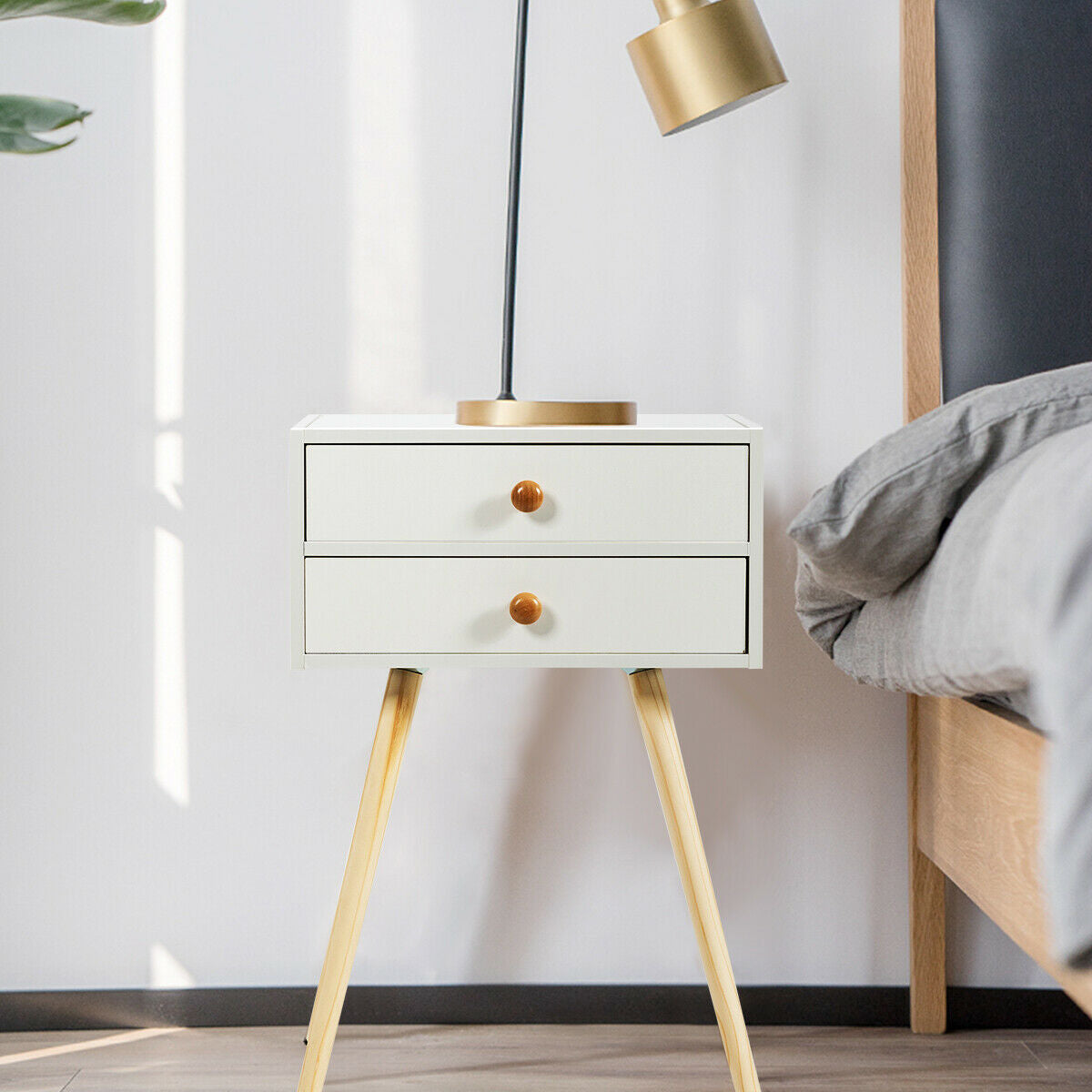 Compact Nightstand with Storage Drawers, Mid-Century Style – White