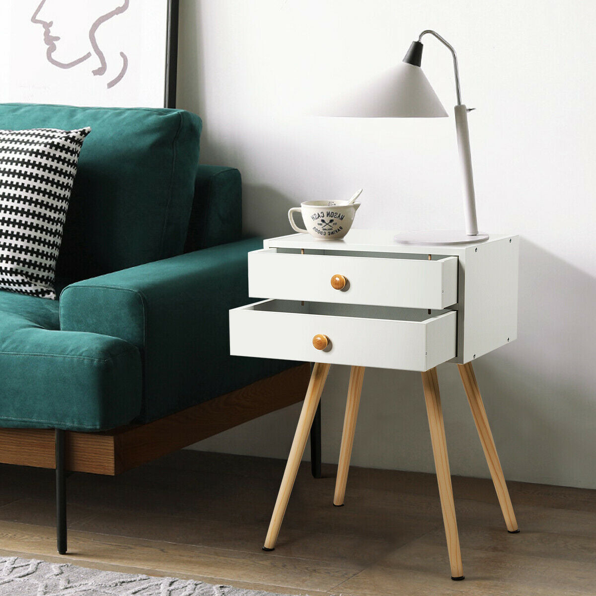 Compact Nightstand with Storage Drawers, Mid-Century Style – White