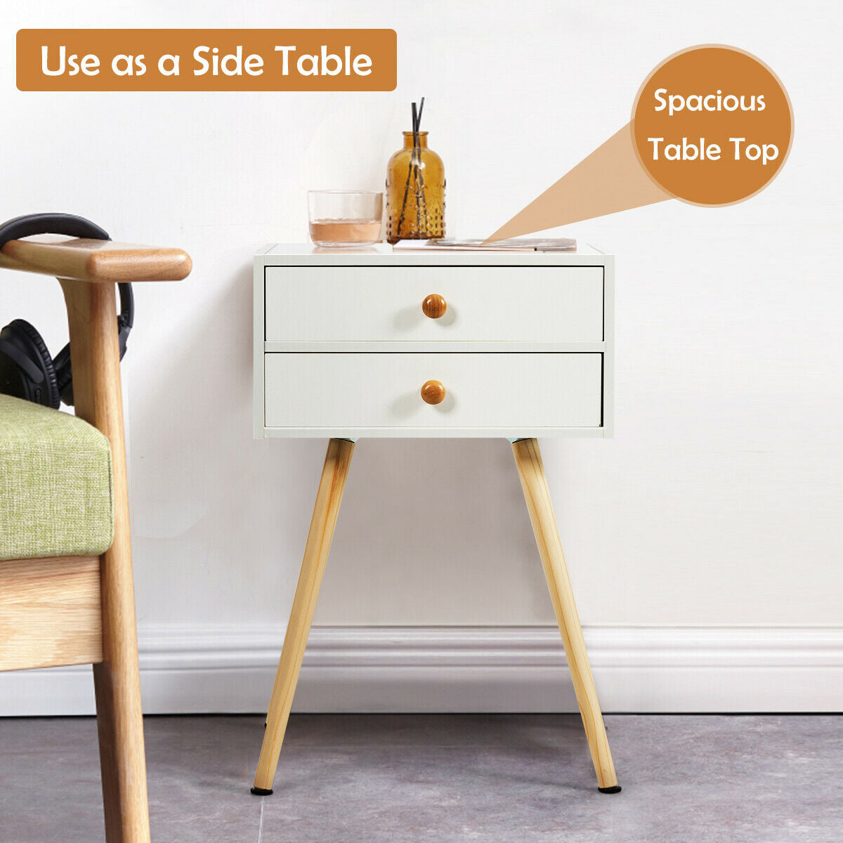 Compact Nightstand with Storage Drawers, Mid-Century Style – White