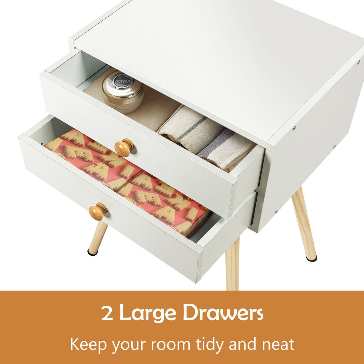 Compact Nightstand with Storage Drawers, Mid-Century Style – White