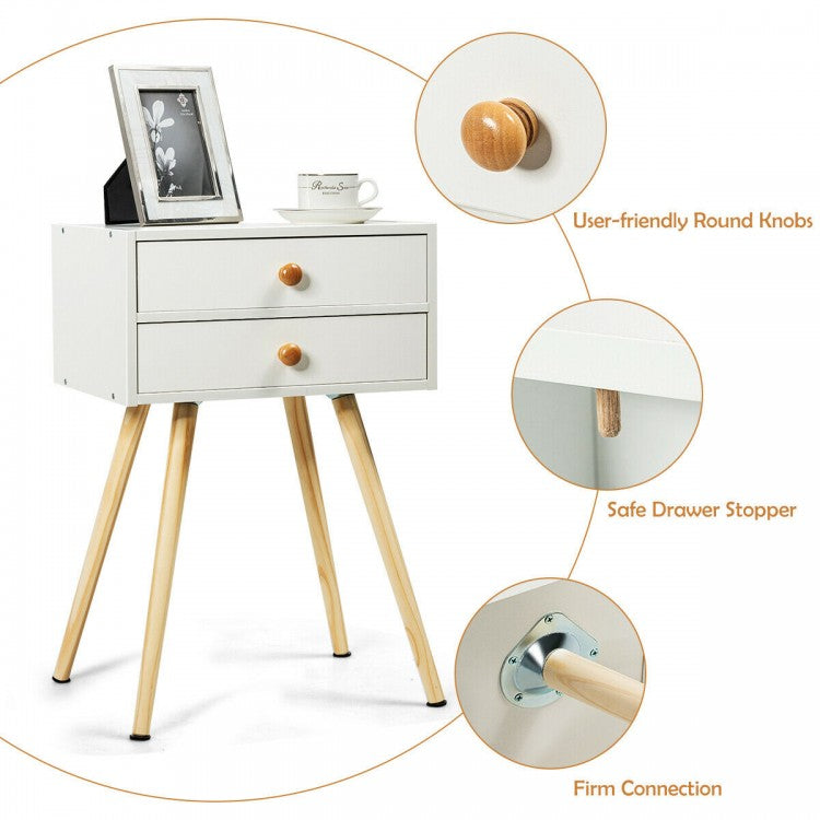 Compact Nightstand with Storage Drawers, Mid-Century Style – White