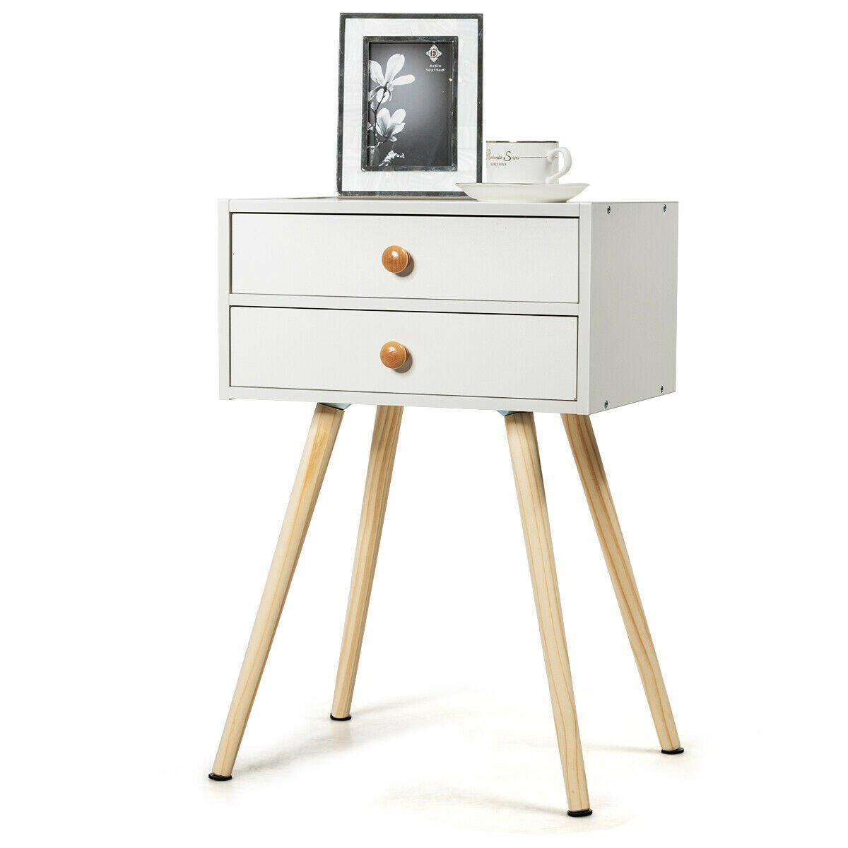 Compact Nightstand with Storage Drawers, Mid-Century Style – White