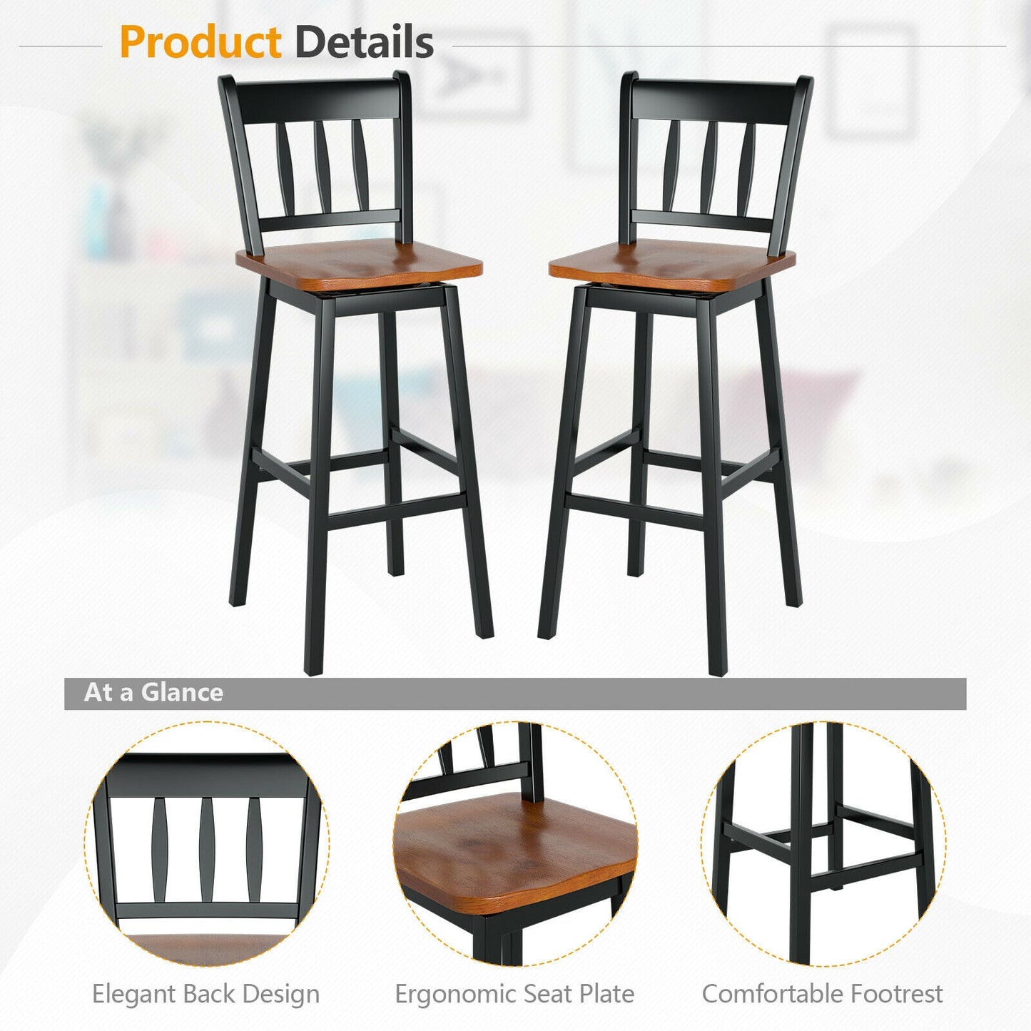 Set of 2 Swivel Counter Bar Stools with Solid Wood Frame, 30.5 Inch Seat Height, Black