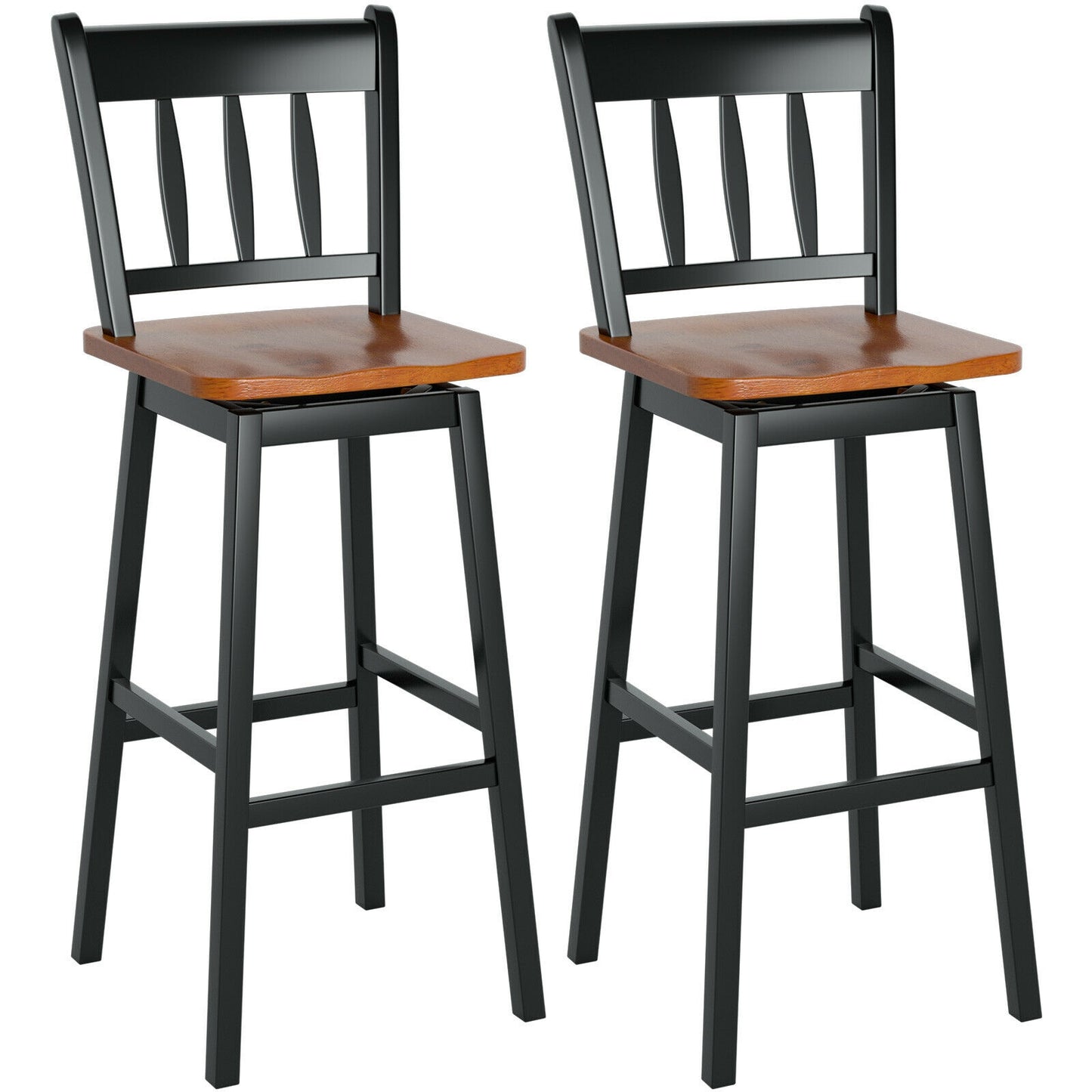 Set of 2 Swivel Counter Bar Stools with Solid Wood Frame, 30.5 Inch Seat Height, Black