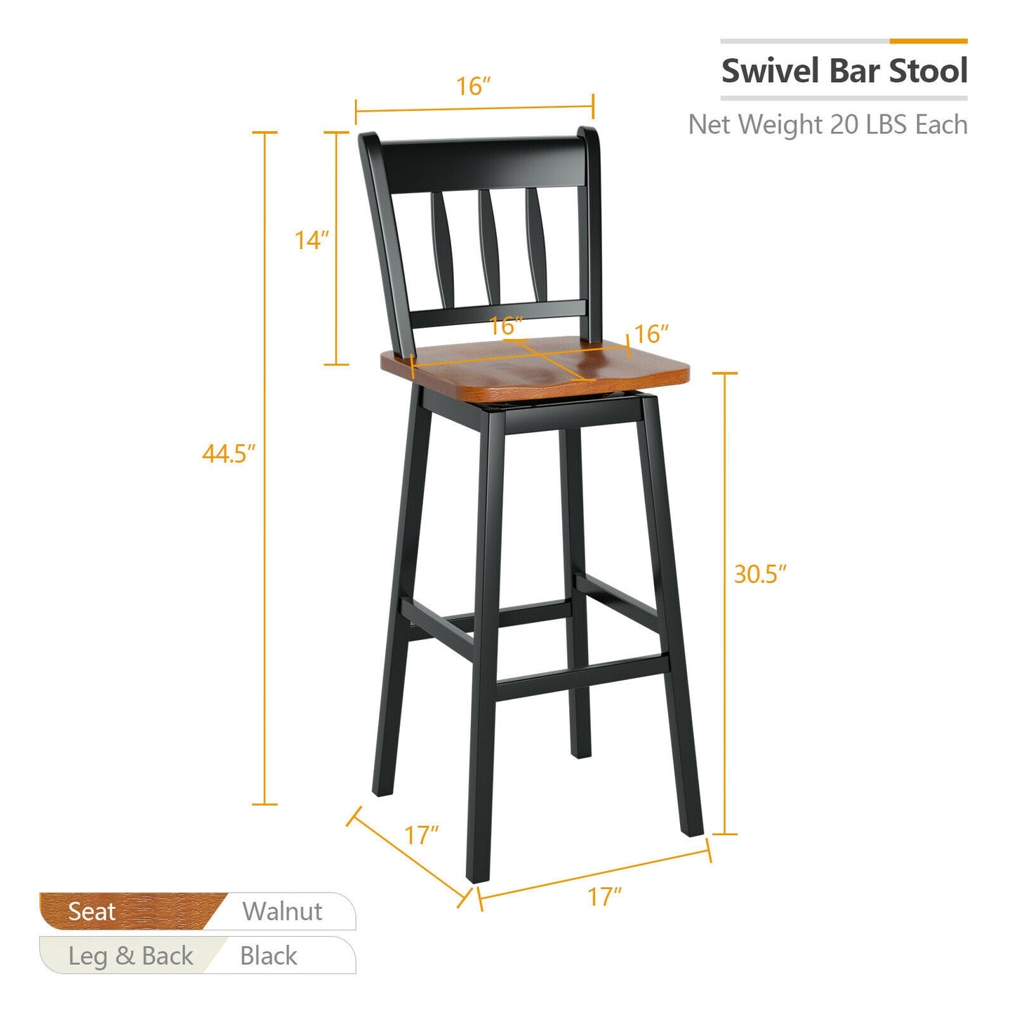 Set of 2 Swivel Counter Bar Stools with Solid Wood Frame, 30.5 Inch Seat Height, Black