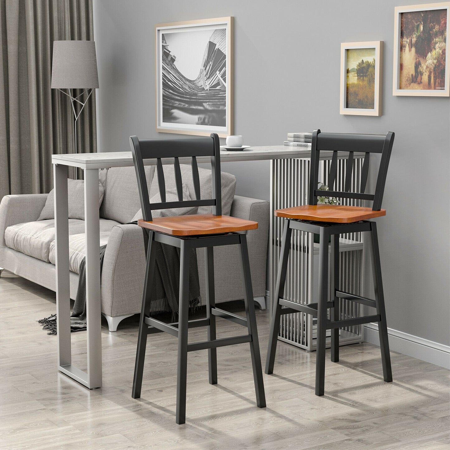 Set of 2 Swivel Counter Bar Stools with Solid Wood Frame, 30.5 Inch Seat Height, Black