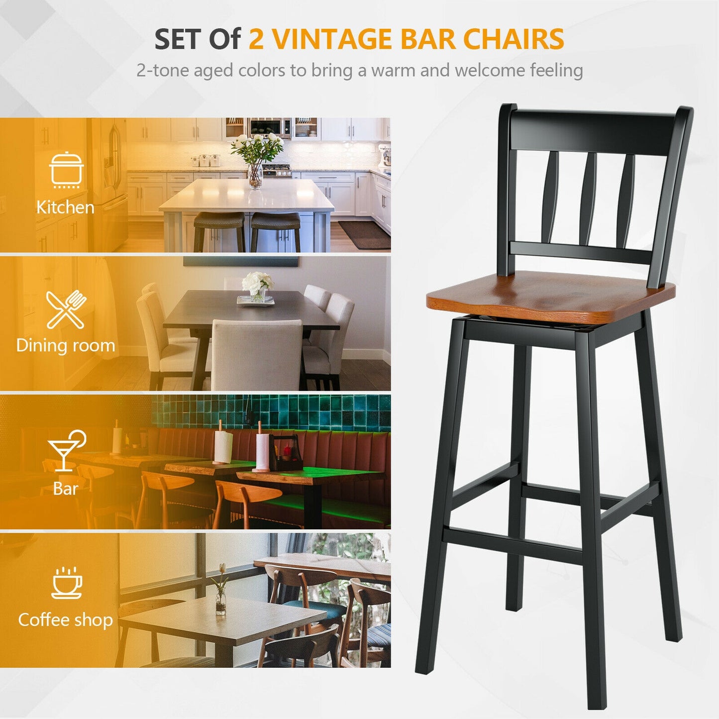 Set of 2 Swivel Counter Bar Stools with Solid Wood Frame, 30.5 Inch Seat Height, Black