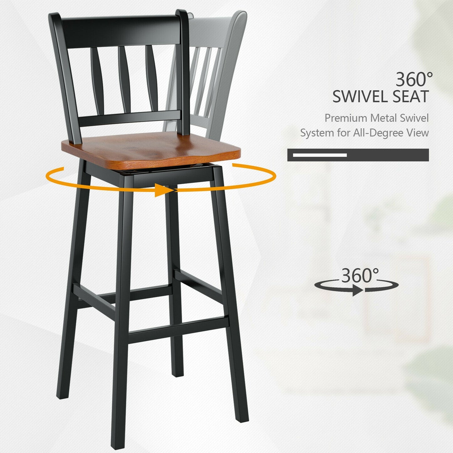 Set of 2 Swivel Counter Bar Stools with Solid Wood Frame, 30.5 Inch Seat Height, Black