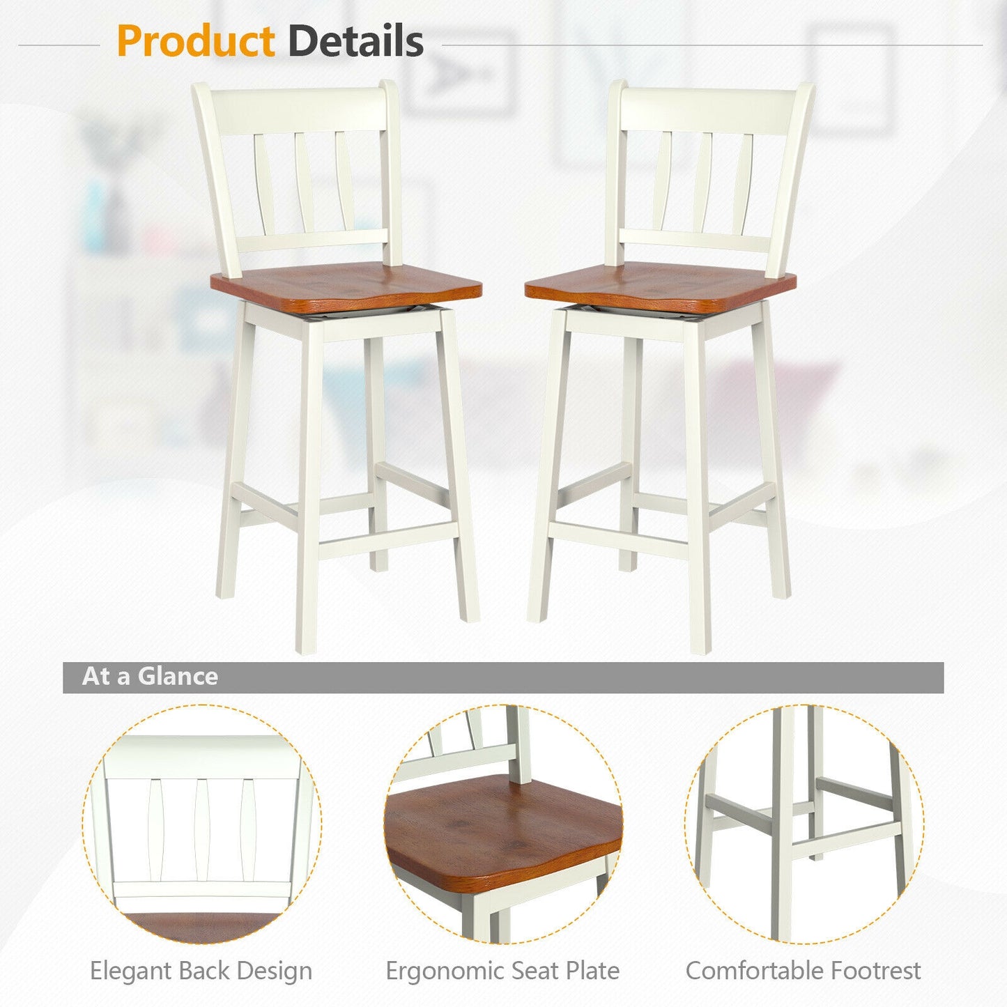 Set of 2 Swivel Counter Bar Stools with Solid Wood Frame, 24.5 Inch Seat Height, White