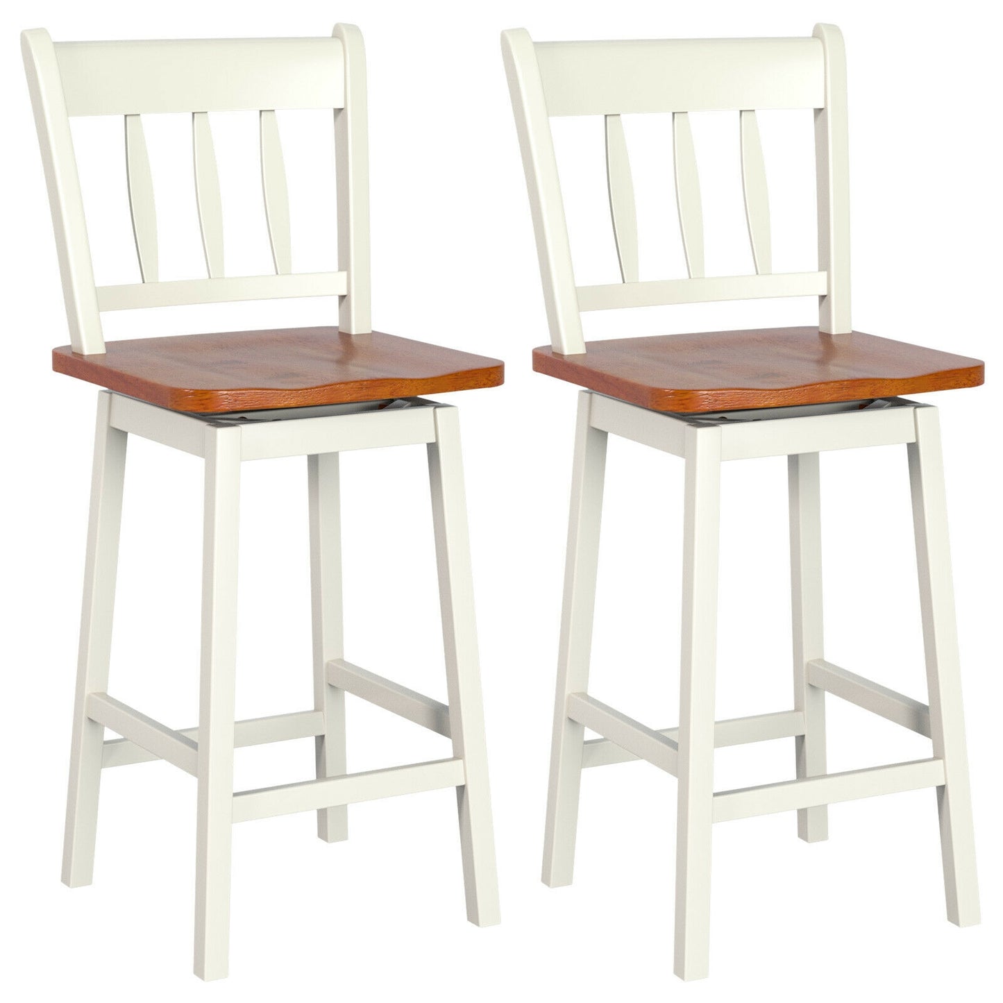 Set of 2 Swivel Counter Bar Stools with Solid Wood Frame, 24.5 Inch Seat Height, White