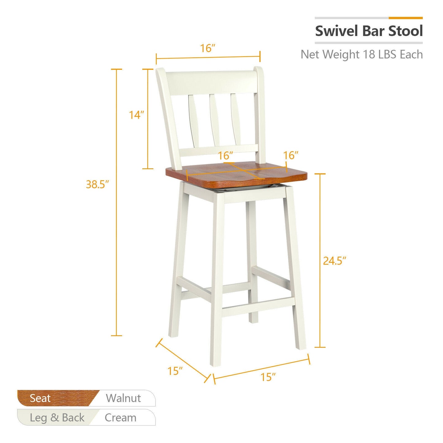 Set of 2 Swivel Counter Bar Stools with Solid Wood Frame, 24.5 Inch Seat Height, White