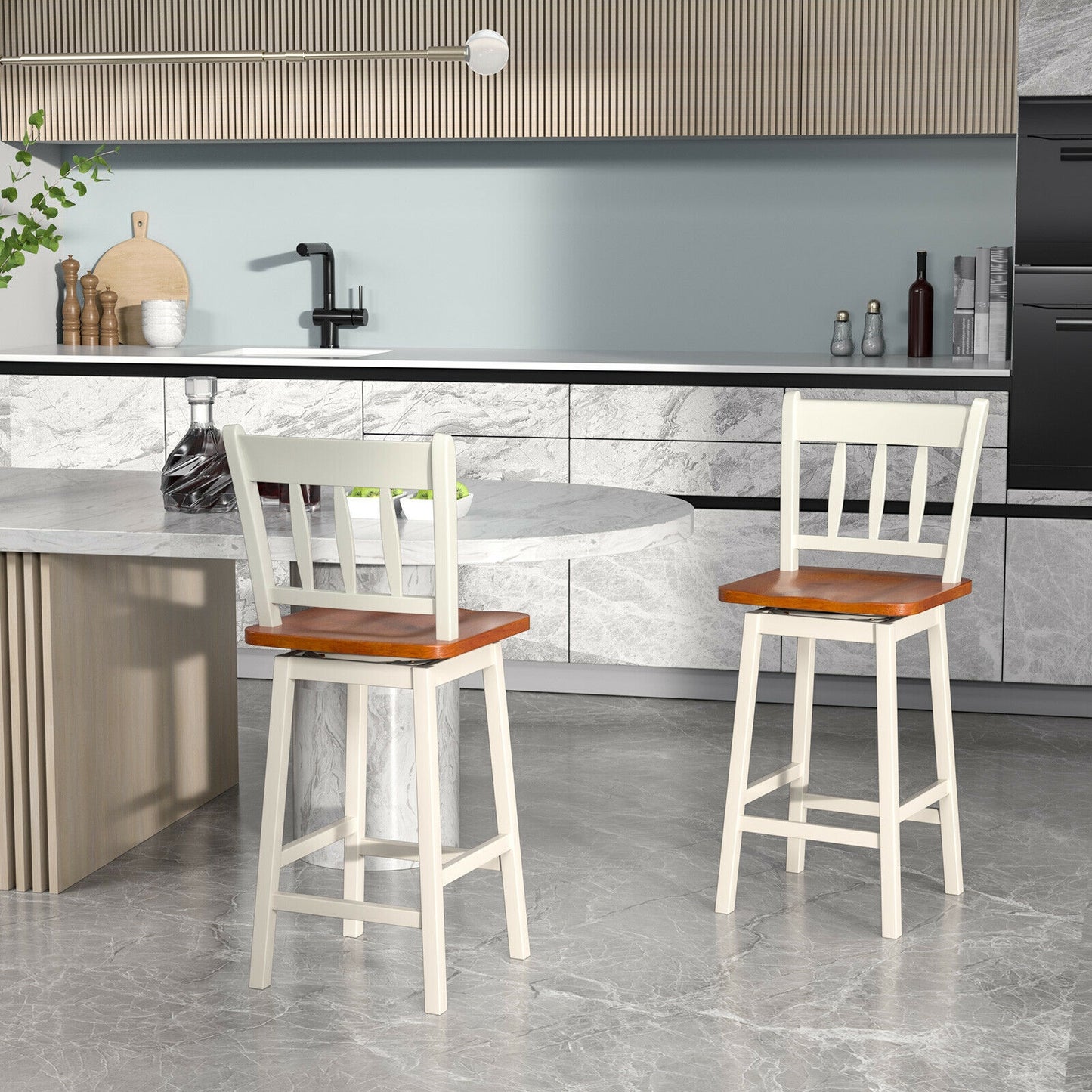 Set of 2 Swivel Counter Bar Stools with Solid Wood Frame, 24.5 Inch Seat Height, White