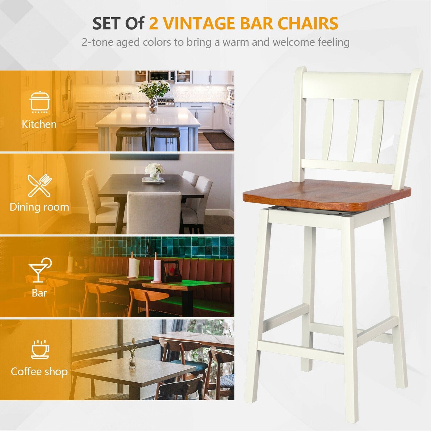 Set of 2 Swivel Counter Bar Stools with Solid Wood Frame, 24.5 Inch Seat Height, White