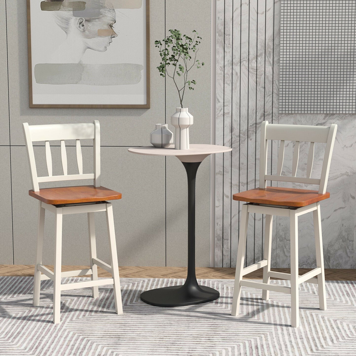 Set of 2 Swivel Counter Bar Stools with Solid Wood Frame, 24.5 Inch Seat Height, White