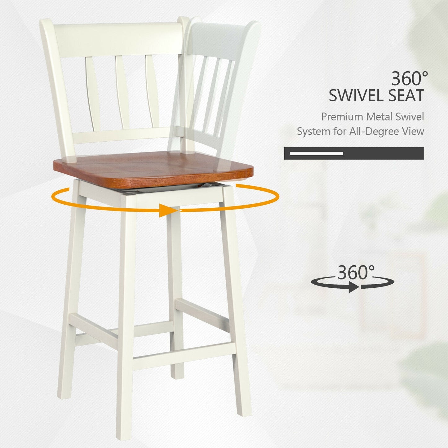 Set of 2 Swivel Counter Bar Stools with Solid Wood Frame, 24.5 Inch Seat Height, White