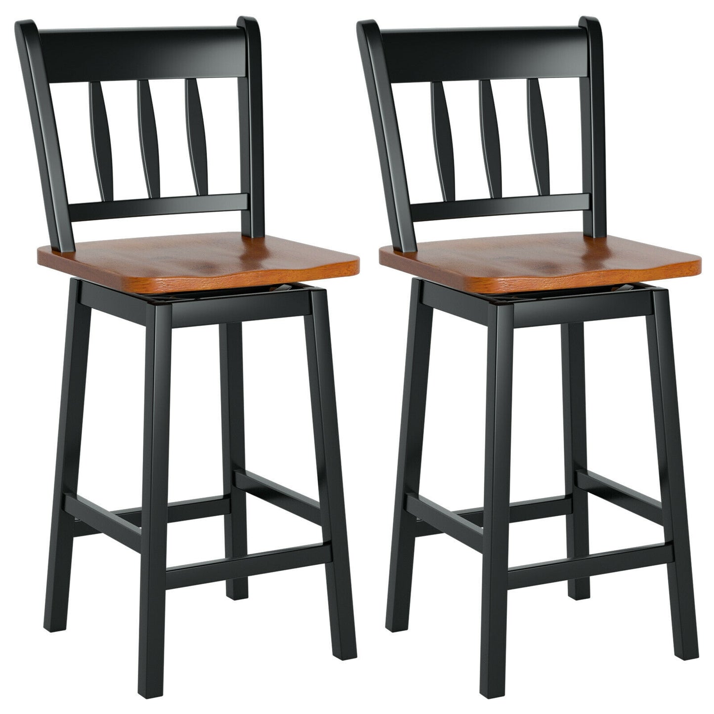 Set of 2 Swivel Counter Bar Stools with Solid Wood Frame, 24.5 Inch Seat Height, Black