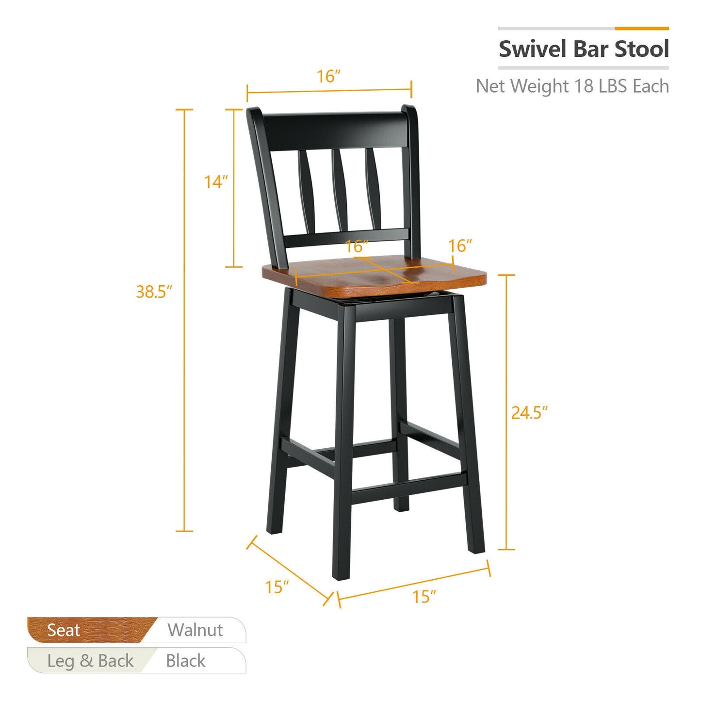 Set of 2 Swivel Counter Bar Stools with Solid Wood Frame, 24.5 Inch Seat Height, Black