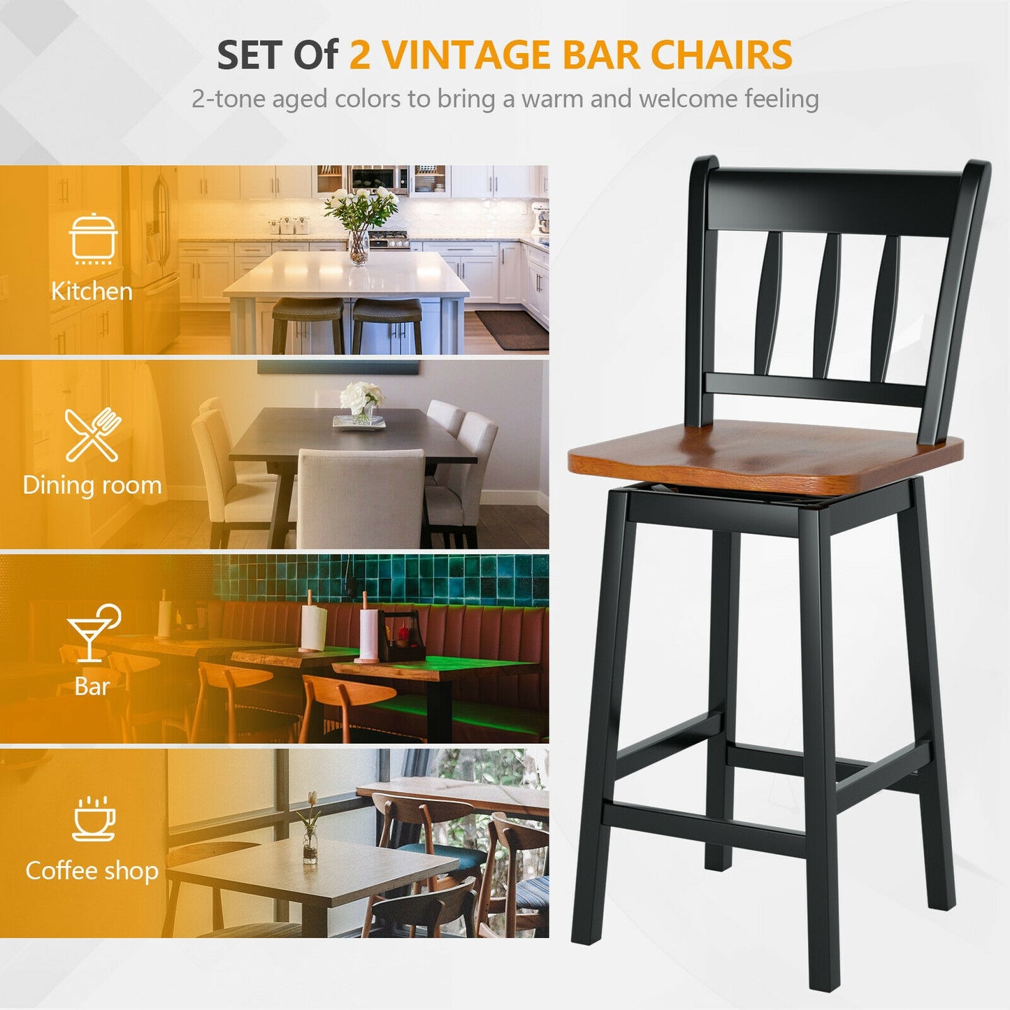 Set of 2 Swivel Counter Bar Stools with Solid Wood Frame, 24.5 Inch Seat Height, Black