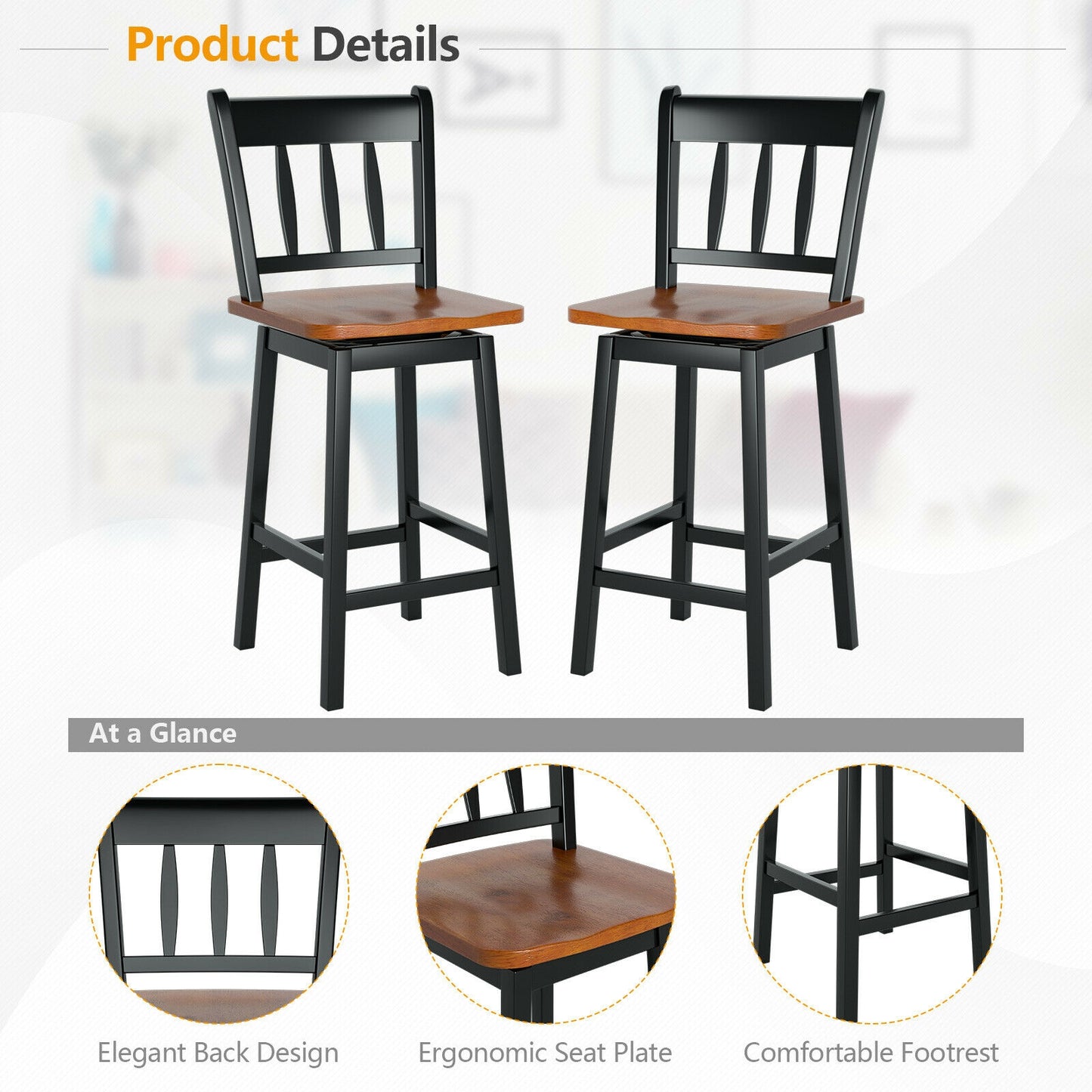 Set of 2 Swivel Counter Bar Stools with Solid Wood Frame, 24.5 Inch Seat Height, Black