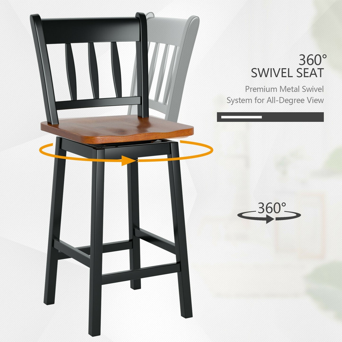 Set of 2 Swivel Counter Bar Stools with Solid Wood Frame, 24.5 Inch Seat Height, Black